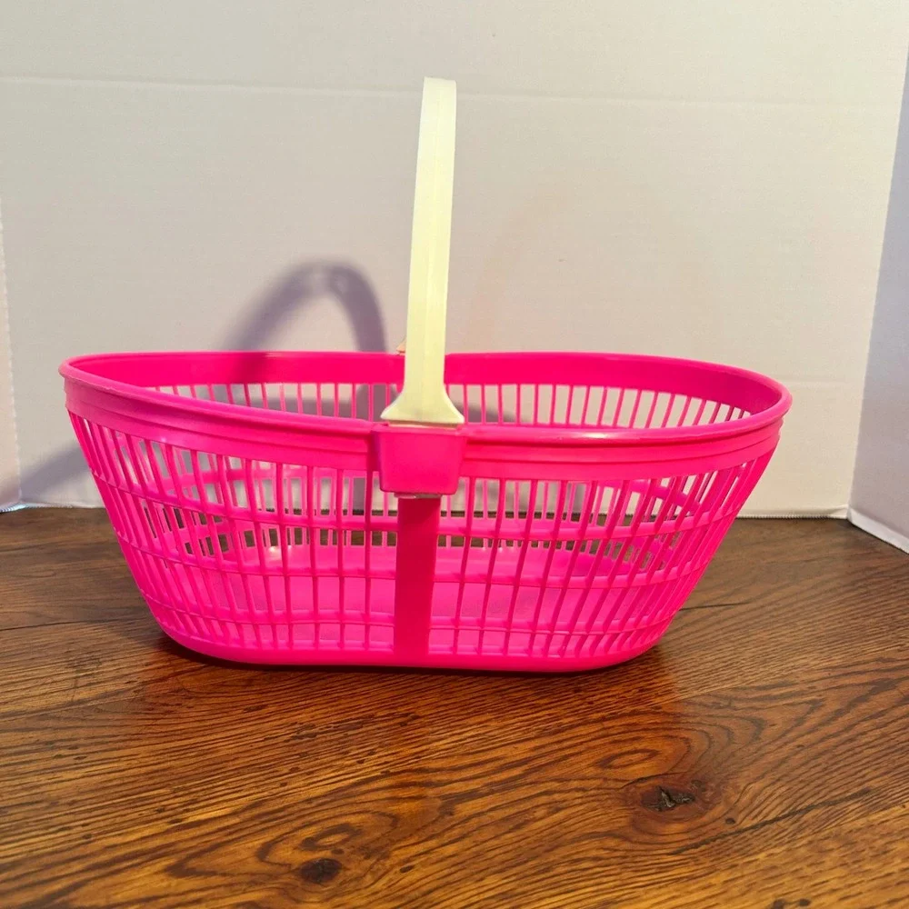Vintage Neon Hot‎ Pink Plastic Easter Basket with Cream Handle 12.5 Inch